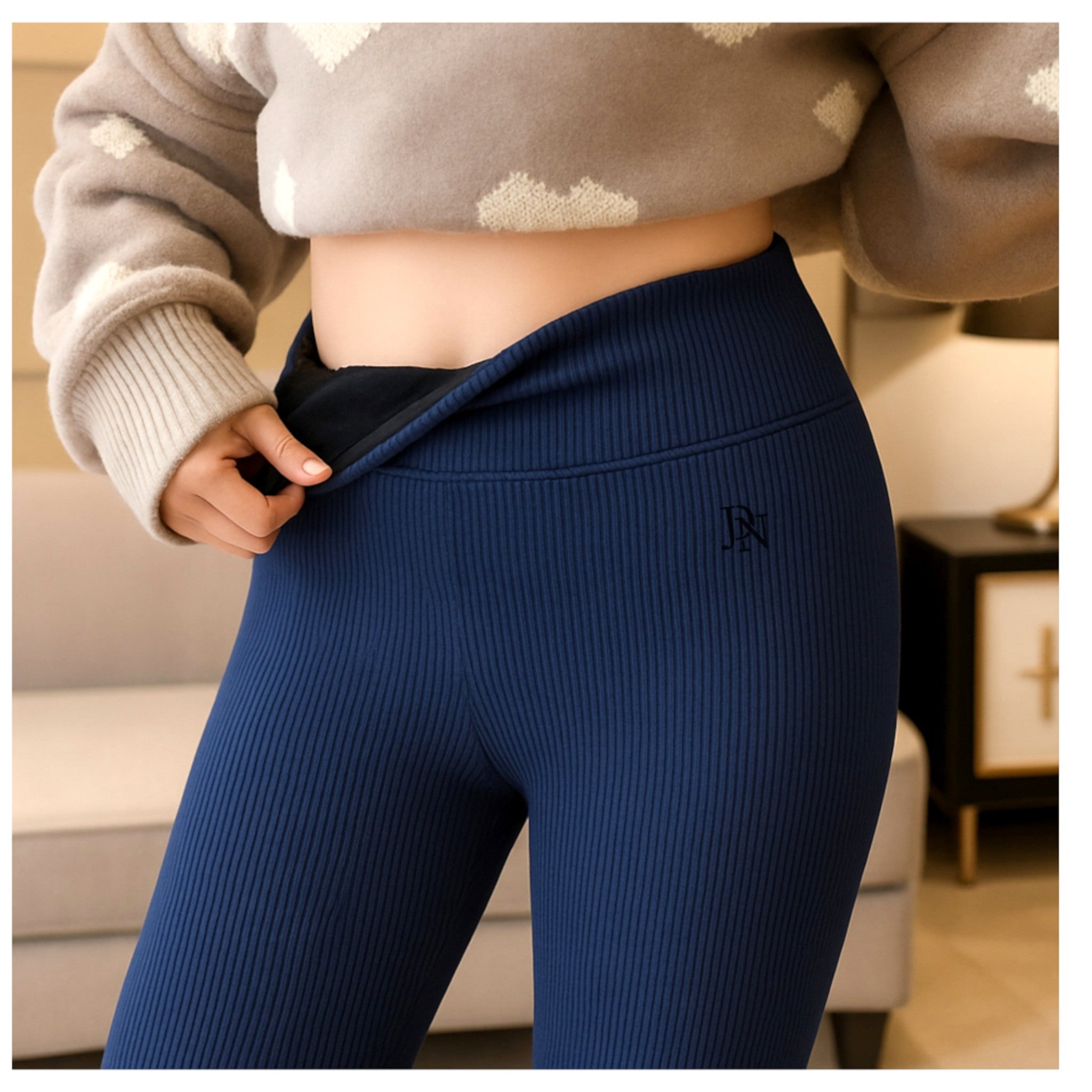 Ladies navy blue JDN ribbed fleece inner leggings – warm thermal winter leggings for women
